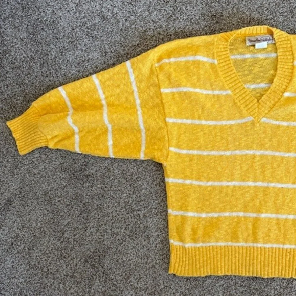 VINTAGE 80s DVF Diane Von Furstenberg Yellow Striped V-Neck Sweater Small